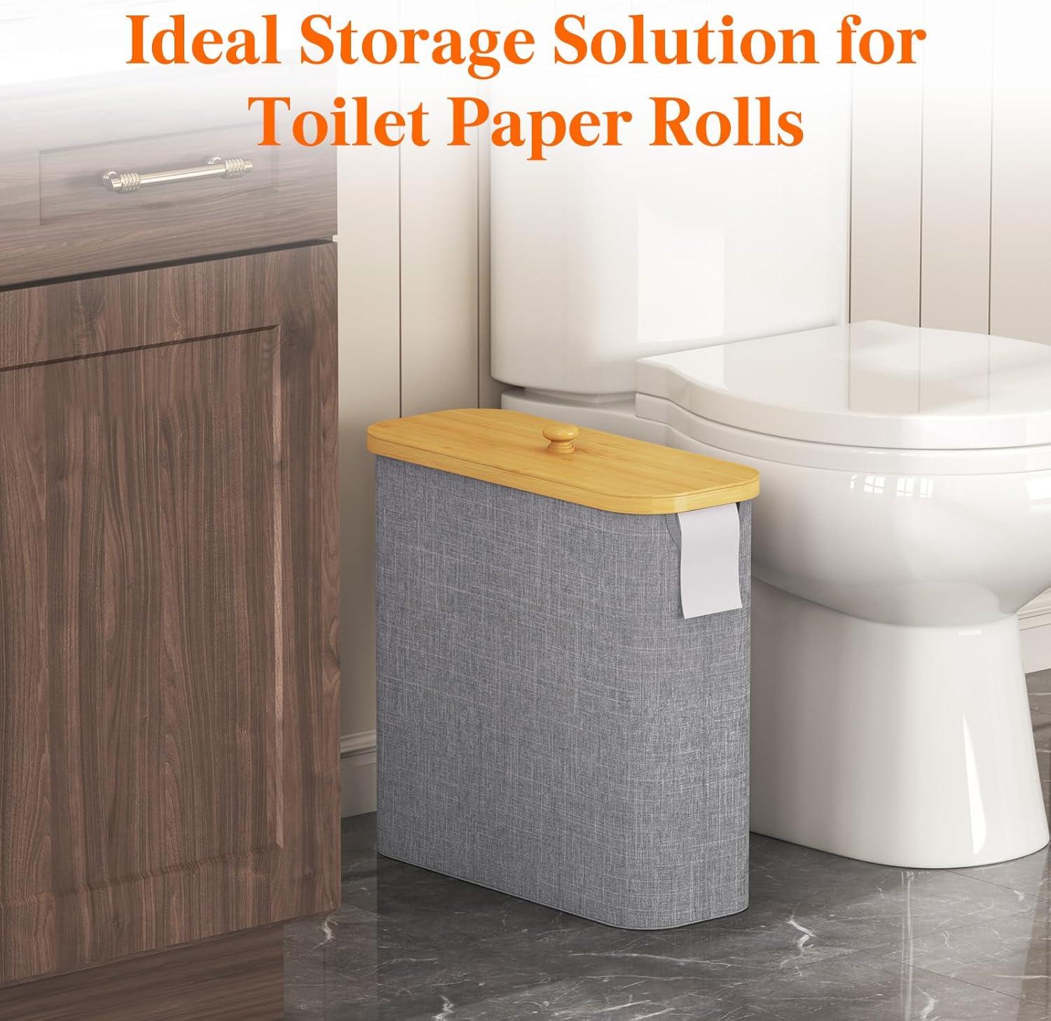 image:imageLifewit Toilet Paper Storage Holder for 12 to 16 Rolls Free Standing Toilet Paper Basket Stand with Bamboo Lid Collapsible Fabric Bathroom Organizer Box for Mega Rolls 30L Extra Large WhiteGray