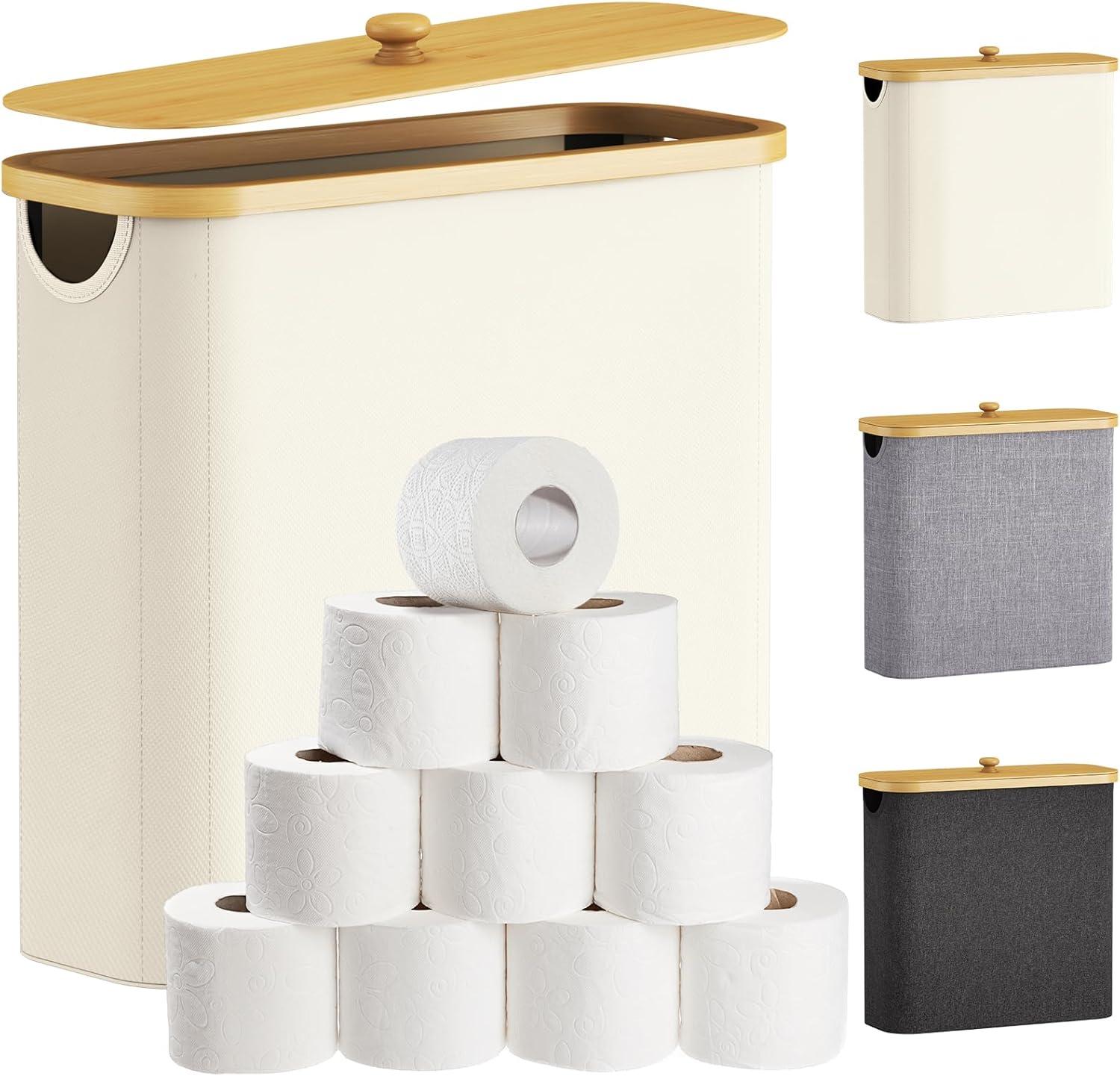 image:imageLifewit Toilet Paper Storage Holder for 12 to 16 Rolls Free Standing Toilet Paper Basket Stand with Bamboo Lid Collapsible Fabric Bathroom Organizer Box for Mega Rolls 30L Extra Large WhiteWhite
