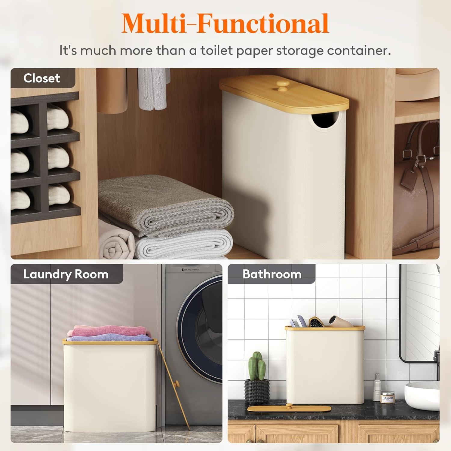image:imageLifewit Toilet Paper Storage Holder for 12 to 16 Rolls Free Standing Toilet Paper Basket Stand with Bamboo Lid Collapsible Fabric Bathroom Organizer Box for Mega Rolls 30L Extra Large WhiteWhite