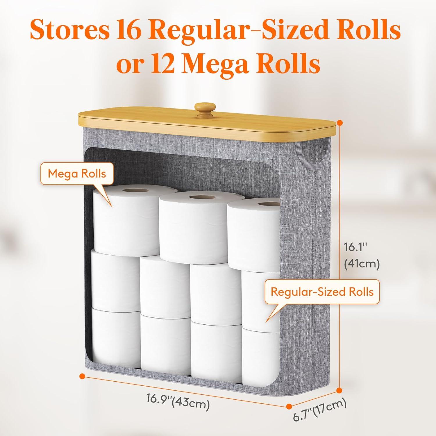 image:imageLifewit Toilet Paper Storage Holder for 12 to 16 Rolls Free Standing Toilet Paper Basket Stand with Bamboo Lid Collapsible Fabric Bathroom Organizer Box for Mega Rolls 30L Extra Large WhiteGray