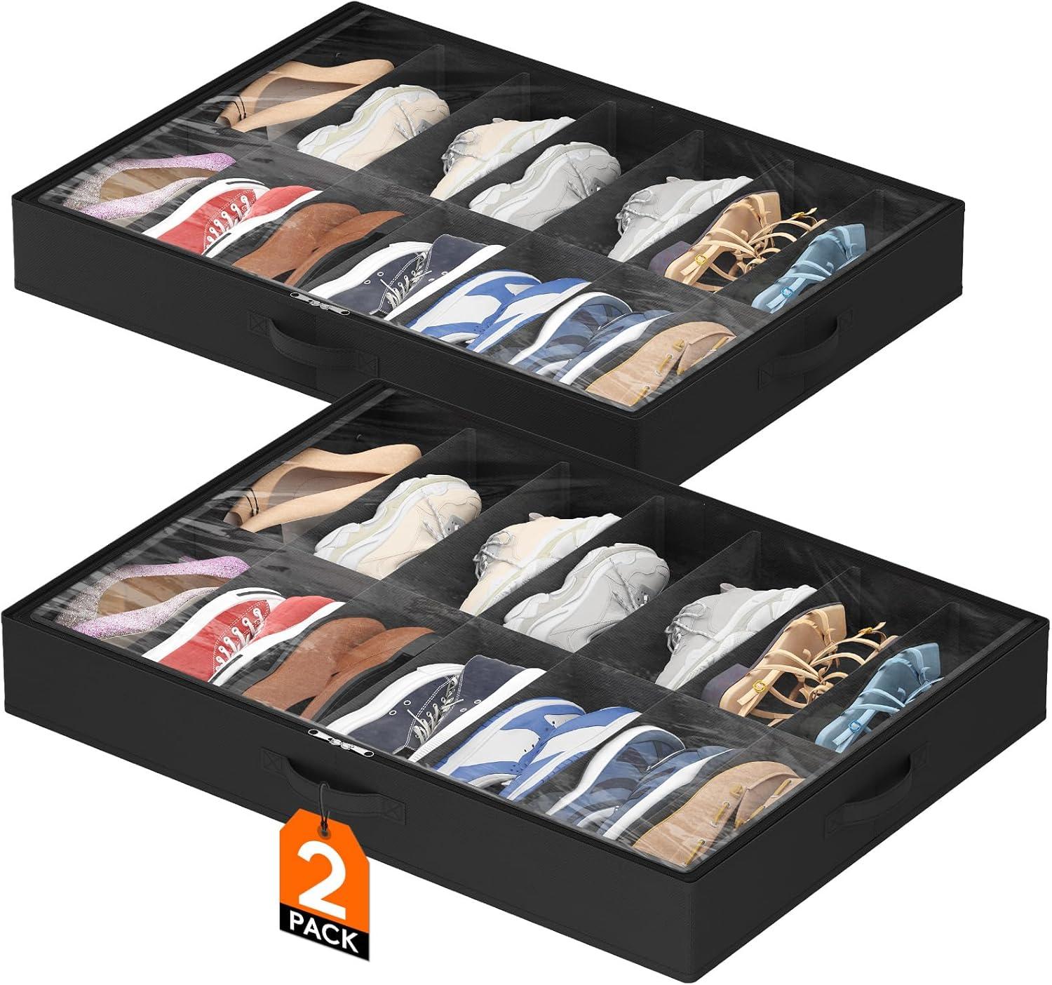 image:imageLifewit Under Bed Shoe Storage Organizer Set of 2 43 Inches Tall Low Profile Fabric Shoes Container Box with Clear Cover Foldable Storage Bag with 2 Handles Total Fits 24 Pairs of Shoes GreyBlack