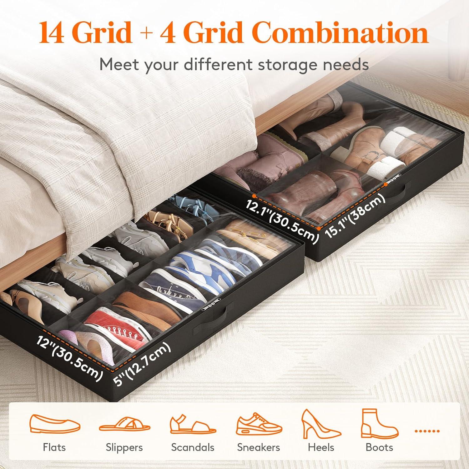 image:imageLifewit Under Bed Shoe Storage Organizer Set of 2 43 Inches Tall Low Profile Fabric Shoes Container Box with Clear Cover Foldable Storage Bag with 2 Handles Total Fits 24 Pairs of Shoes GreyBlack