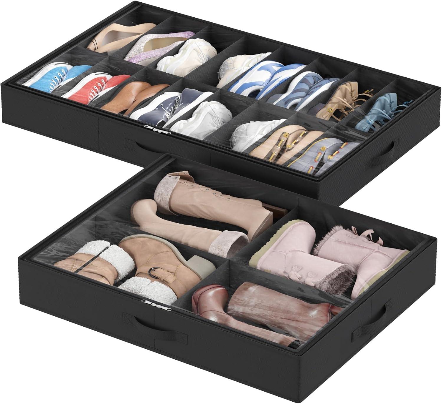 image:imageLifewit Under Bed Shoe Storage Organizer Set of 2 43 Inches Tall Low Profile Fabric Shoes Container Box with Clear Cover Foldable Storage Bag with 2 Handles Total Fits 24 Pairs of Shoes GreyBlack