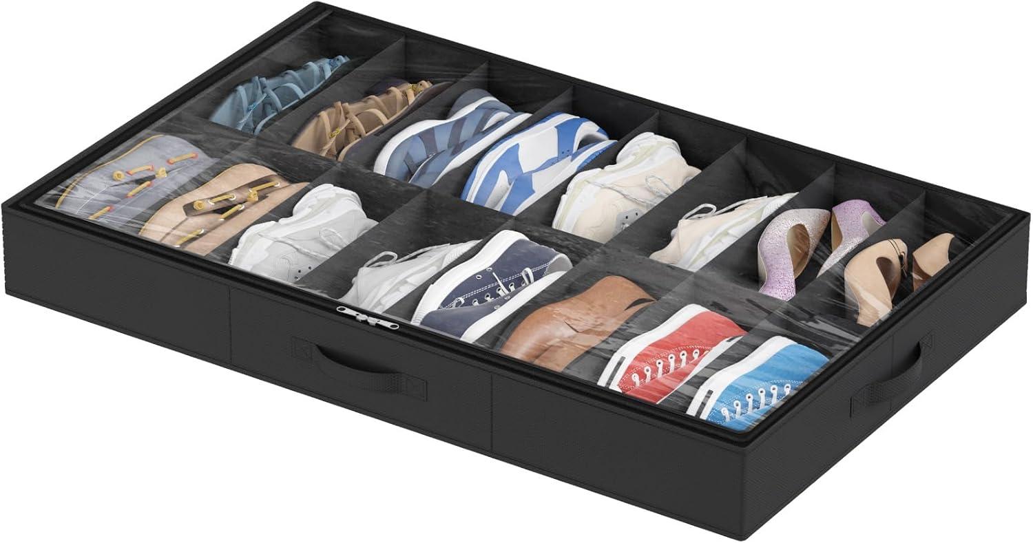 image:imageLifewit Under Bed Shoe Storage Organizer Set of 2 43 Inches Tall Low Profile Fabric Shoes Container Box with Clear Cover Foldable Storage Bag with 2 Handles Total Fits 24 Pairs of Shoes GreyBlack