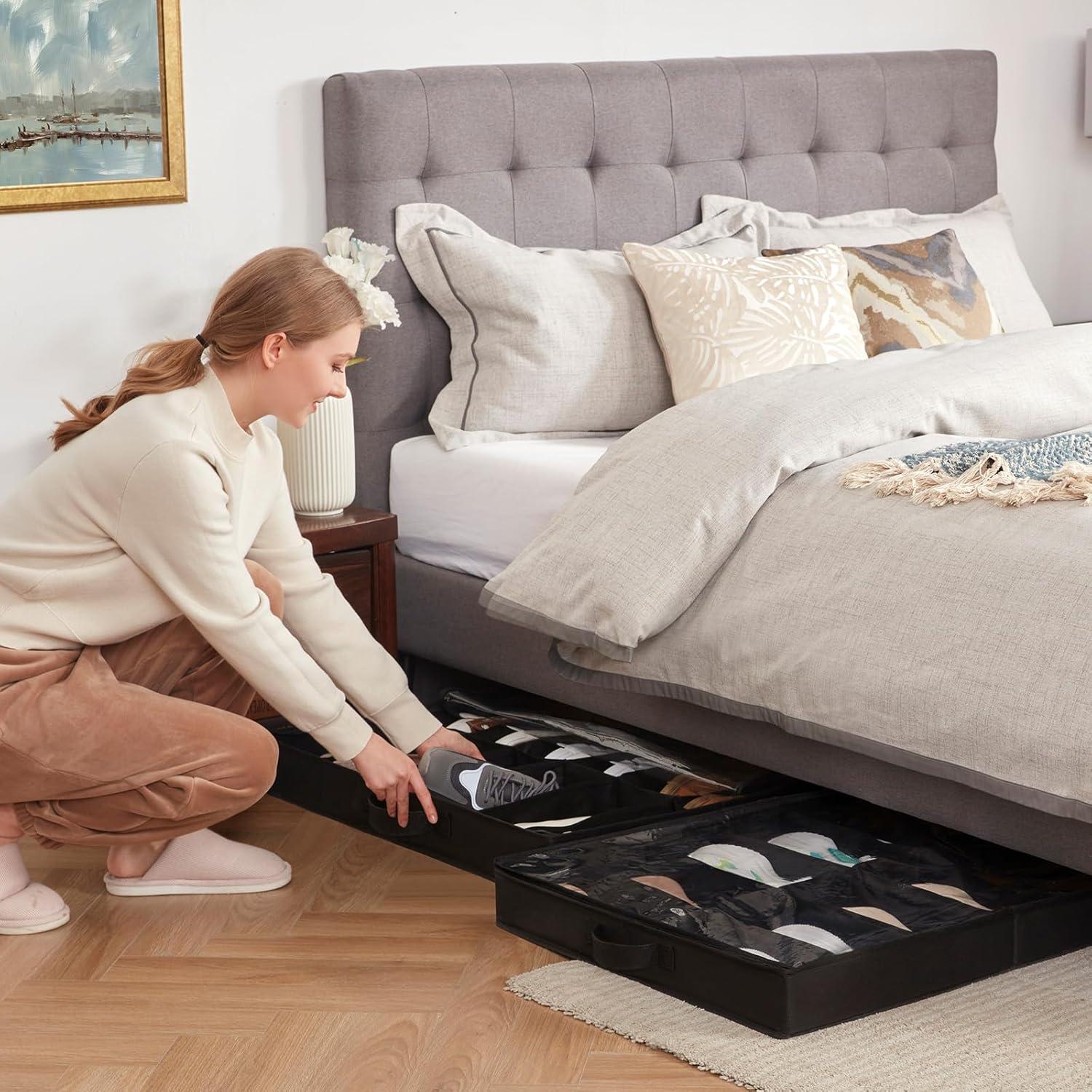 image:imageLifewit Under Bed Shoe Storage Organizer Set of 2 43 Inches Tall Low Profile Fabric Shoes Container Box with Clear Cover Foldable Storage Bag with 2 Handles Total Fits 24 Pairs of Shoes GreyBlack