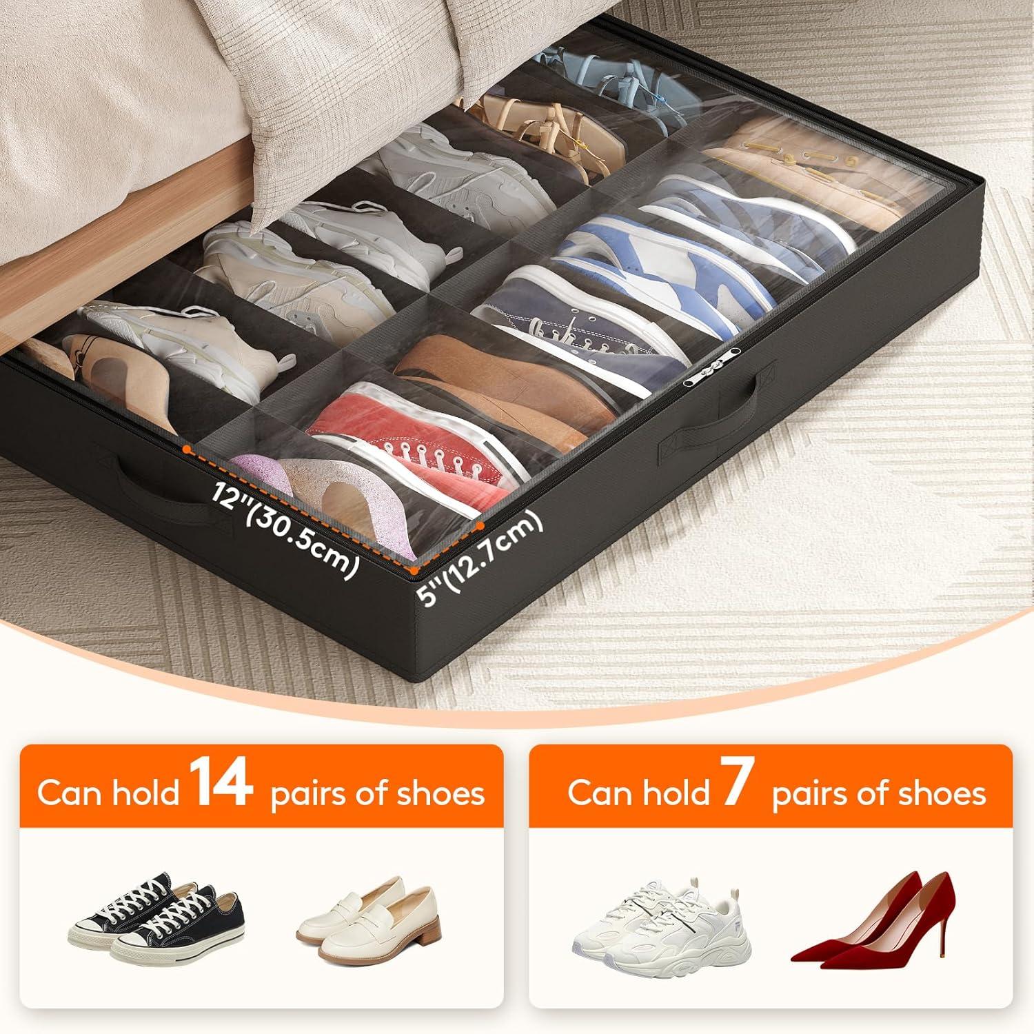 image:imageLifewit Under Bed Shoe Storage Organizer Set of 2 43 Inches Tall Low Profile Fabric Shoes Container Box with Clear Cover Foldable Storage Bag with 2 Handles Total Fits 24 Pairs of Shoes GreyBlack