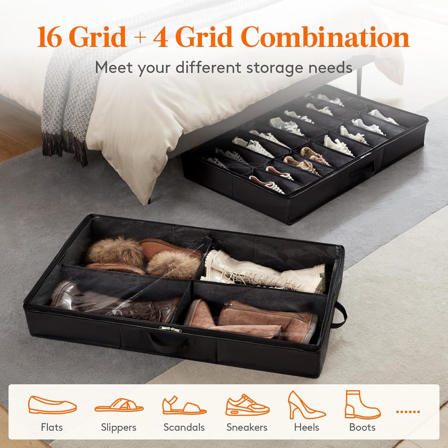 image:imageLifewit Under Bed Shoe Storage Organizer Set of 2 43 Inches Tall Low Profile Fabric Shoes Container Box with Clear Cover Foldable Storage Bag with 2 Handles Total Fits 24 Pairs of Shoes GreyBlack