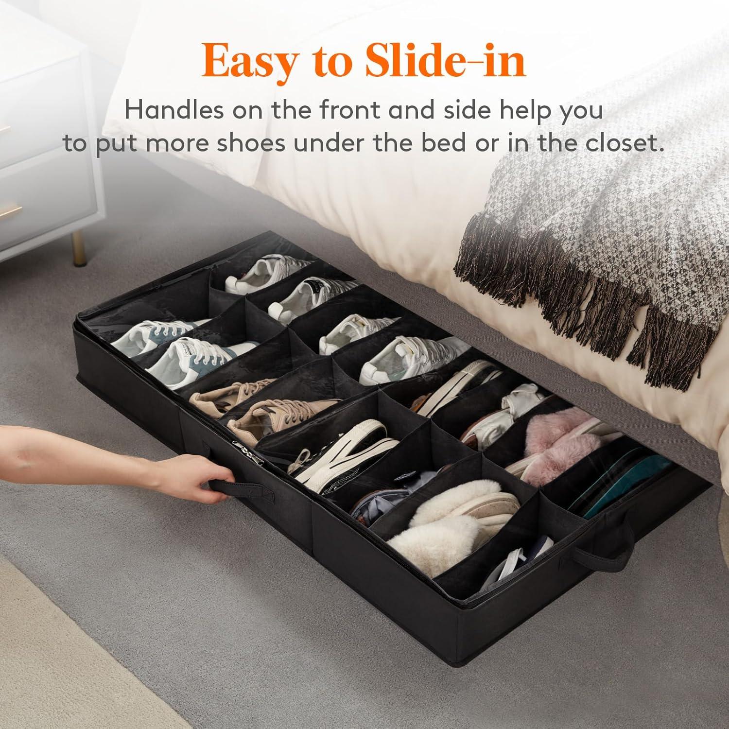 image:imageLifewit Under Bed Shoe Storage Organizer Set of 2 43 Inches Tall Low Profile Fabric Shoes Container Box with Clear Cover Foldable Storage Bag with 2 Handles Total Fits 24 Pairs of Shoes GreyBlack