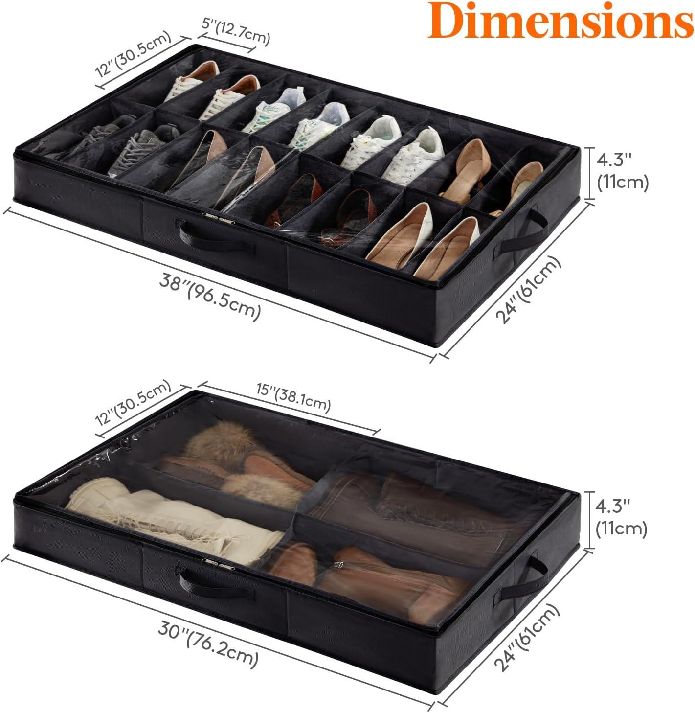 image:imageLifewit Under Bed Shoe Storage Organizer Set of 2 43 Inches Tall Low Profile Fabric Shoes Container Box with Clear Cover Foldable Storage Bag with 2 Handles Total Fits 24 Pairs of Shoes GreyBlack