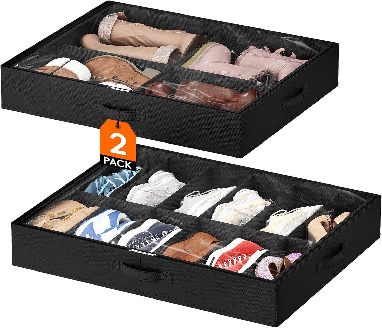 image:imageLifewit Under Bed Shoe Storage Organizer Set of 2 43 Inches Tall Low Profile Fabric Shoes Container Box with Clear Cover Foldable Storage Bag with 2 Handles Total Fits 24 Pairs of Shoes GreyBlack