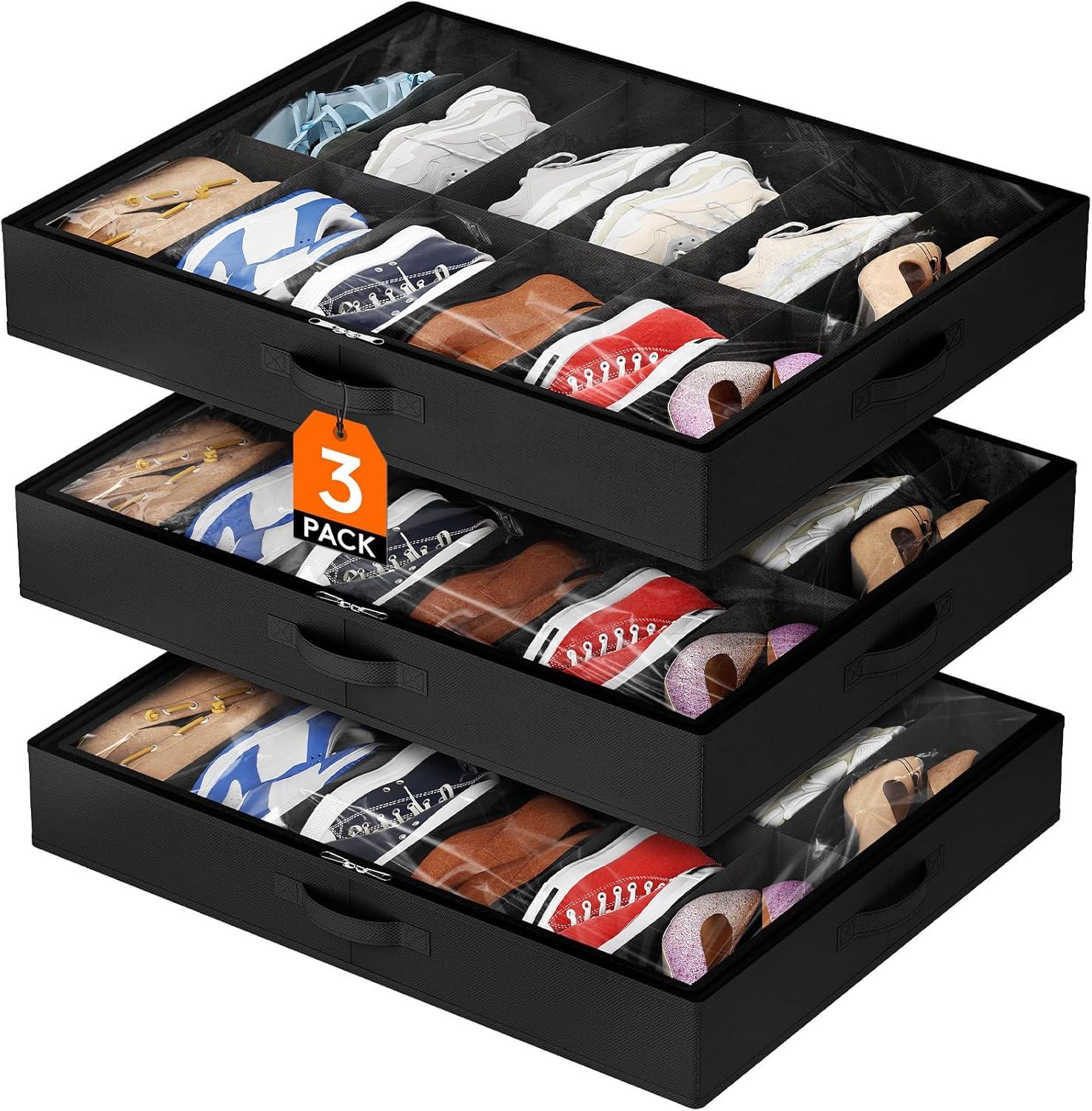 image:imageLifewit Under Bed Shoe Storage Organizer Set of 2 43 Inches Tall Low Profile Fabric Shoes Container Box with Clear Cover Foldable Storage Bag with 2 Handles Total Fits 24 Pairs of Shoes GreyBlack