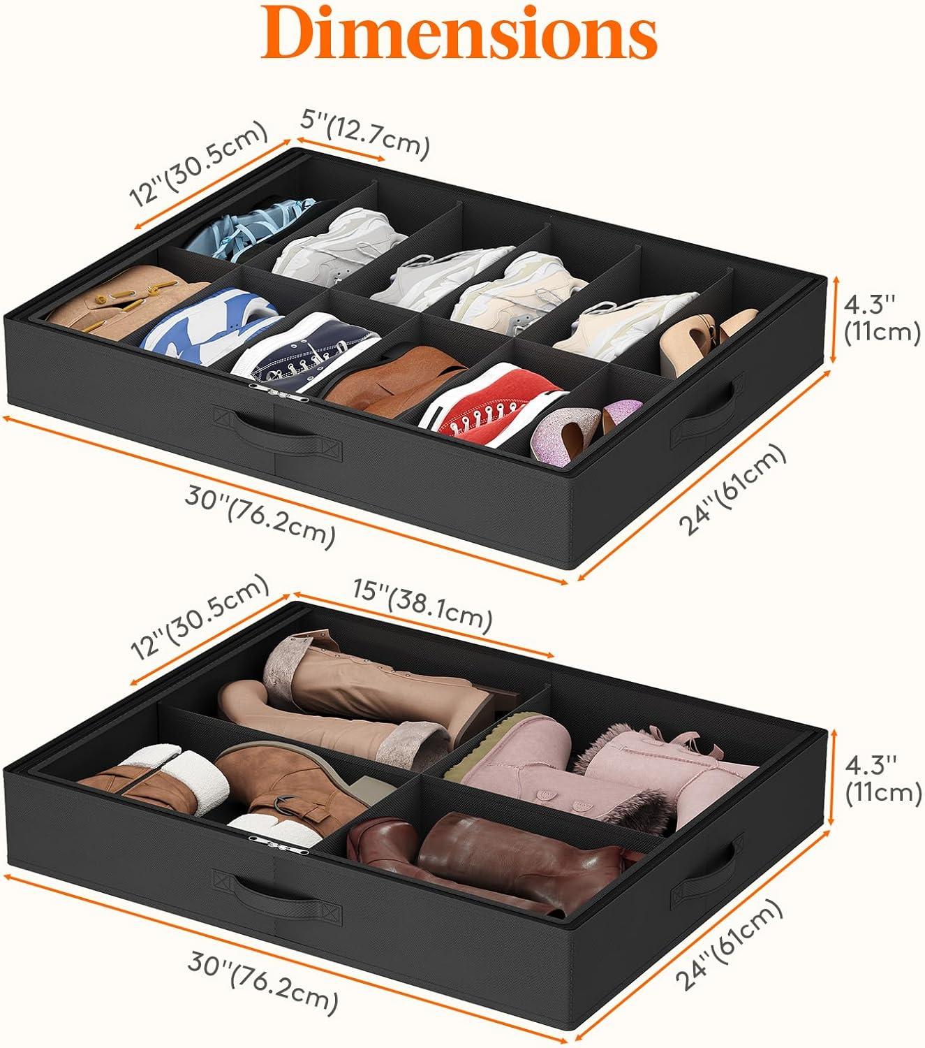 image:imageLifewit Under Bed Shoe Storage Organizer Set of 2 43 Inches Tall Low Profile Fabric Shoes Container Box with Clear Cover Foldable Storage Bag with 2 Handles Total Fits 24 Pairs of Shoes GreyBlack