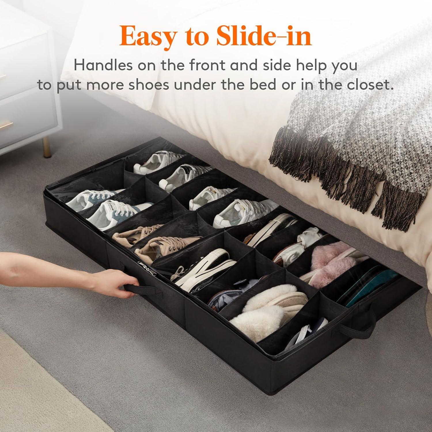 image:imageLifewit Under Bed Shoe Storage Organizer Set of 2 43 Inches Tall Low Profile Fabric Shoes Container Box with Clear Cover Foldable Storage Bag with 2 Handles Total Fits 24 Pairs of Shoes GreyBlack