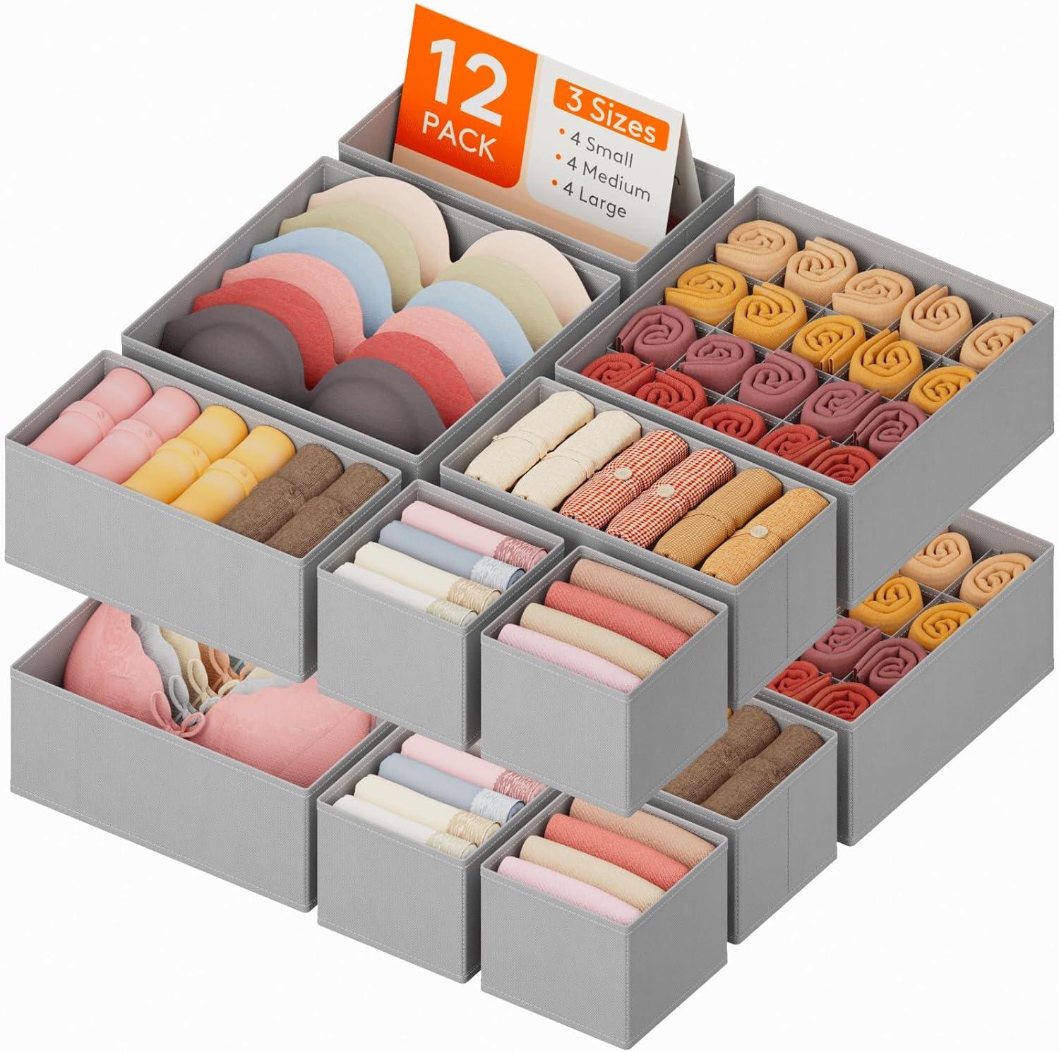image:imageLifewit Underwear Drawer Organizer for Closet 12 Pack 3 Sizes Dresser Organizer Dividers Deep Fabric Foldable Drawer Storage Organizer Bins for Clothes Sock Bra Lingerie UndiesLight Gray
