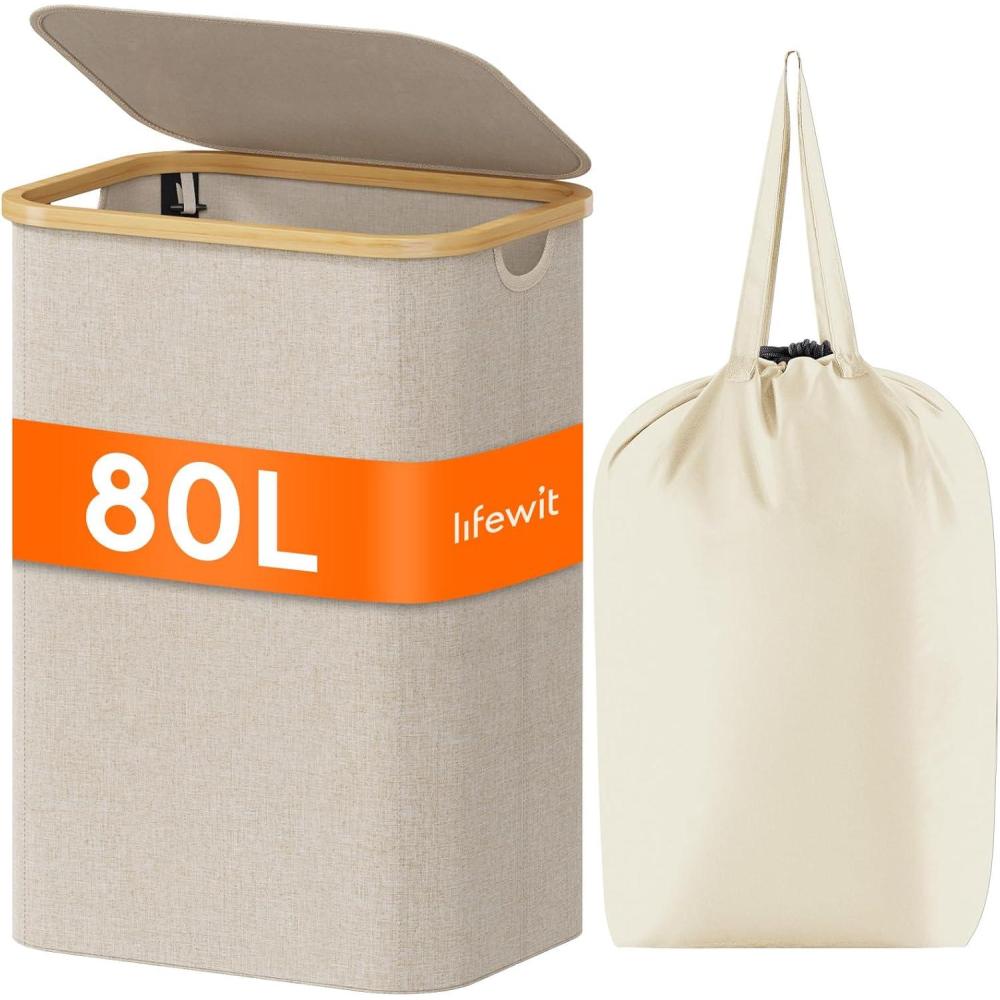 image:imageLifewit 100L Laundry Basket with Lid Clothes Hampers for Laundry with Bamboo Handles and A Removable Bag Large Foldable Laundry Hamper for Bedroom Bathroom Dorm Laundry Room BeigeBeige