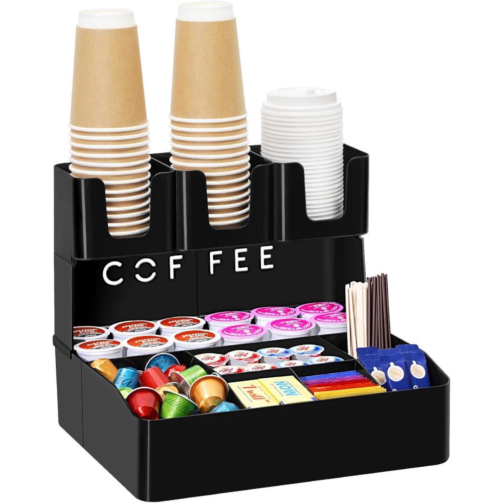 image:imageLifewit 2tier Coffee Station Organizer Caddy for Countertop 10 Compartments Coffee Bar Organizers for Cups Pods Sugar Compact Condiment Holders Storage for Office Breakroom Kitchen Home Black