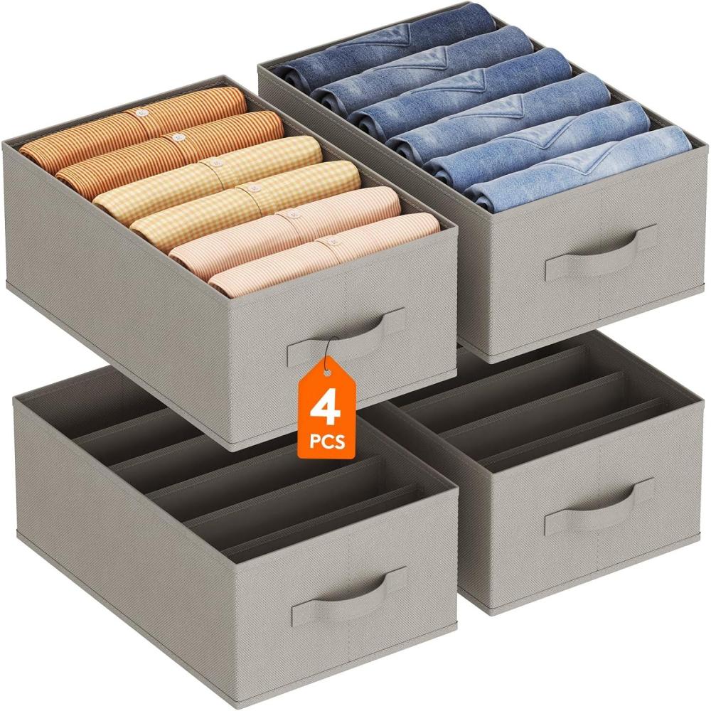image:imageLifewit 3 Pack Clothes Organizer 6 Grids Closet Jean Storage Bins with Handles and Support Boards Foldable Drawer Organizer for Sweater Pants Tshirt Dress Grey Size 165x106x714
