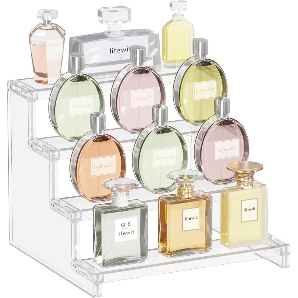 image:imageLifewit 4 Tier Perfume Stand Organizer for Women Plastic Display Riser ToolFree Assembly Fragrance Makeup Cosmetics Shelf for Vanity Bedroom Bathroom Storage Organization Clear 9 Inch 1 PcsClear