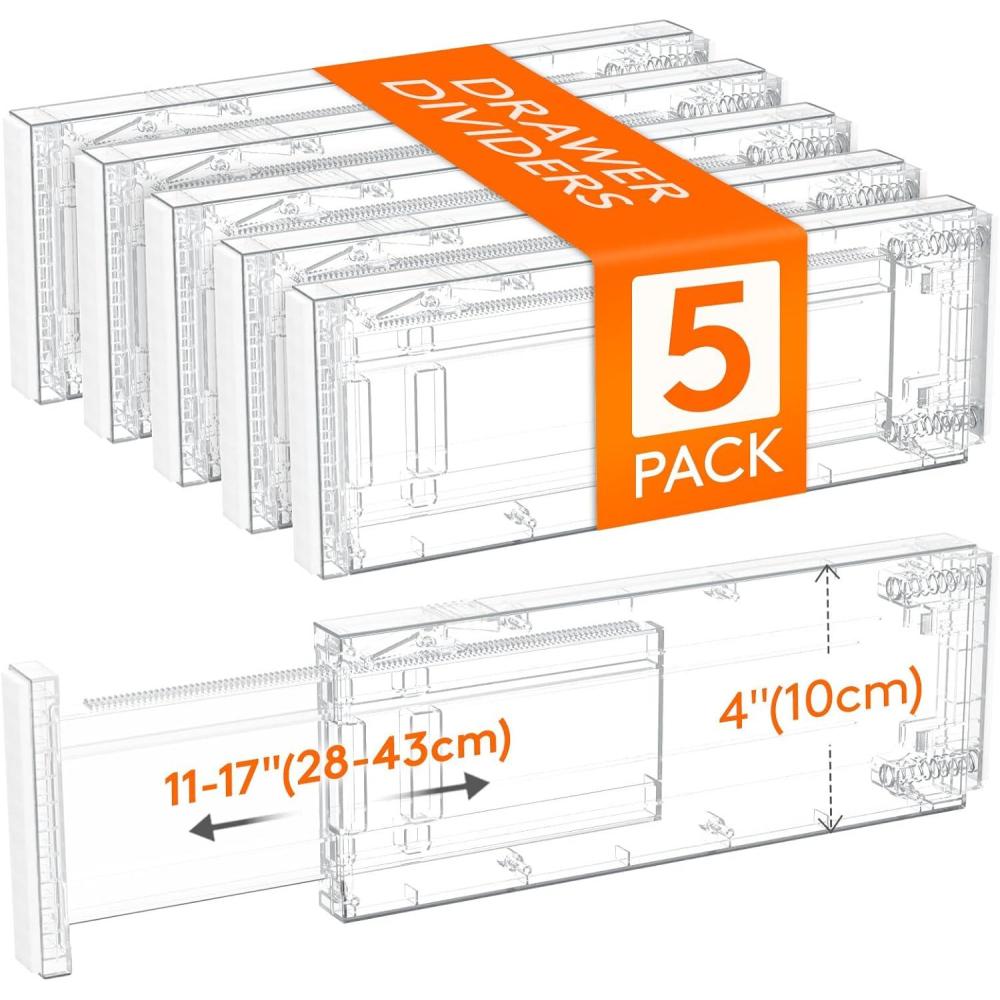 image:imageLifewit 5 Pack Drawer Dividers 4 High 1117 Adjustable Dresser Drawer Organizers for Clothes Expandable Dresser Separators in BedroomBathroomKitchenVanityOffice Organization and Storage PinkClear