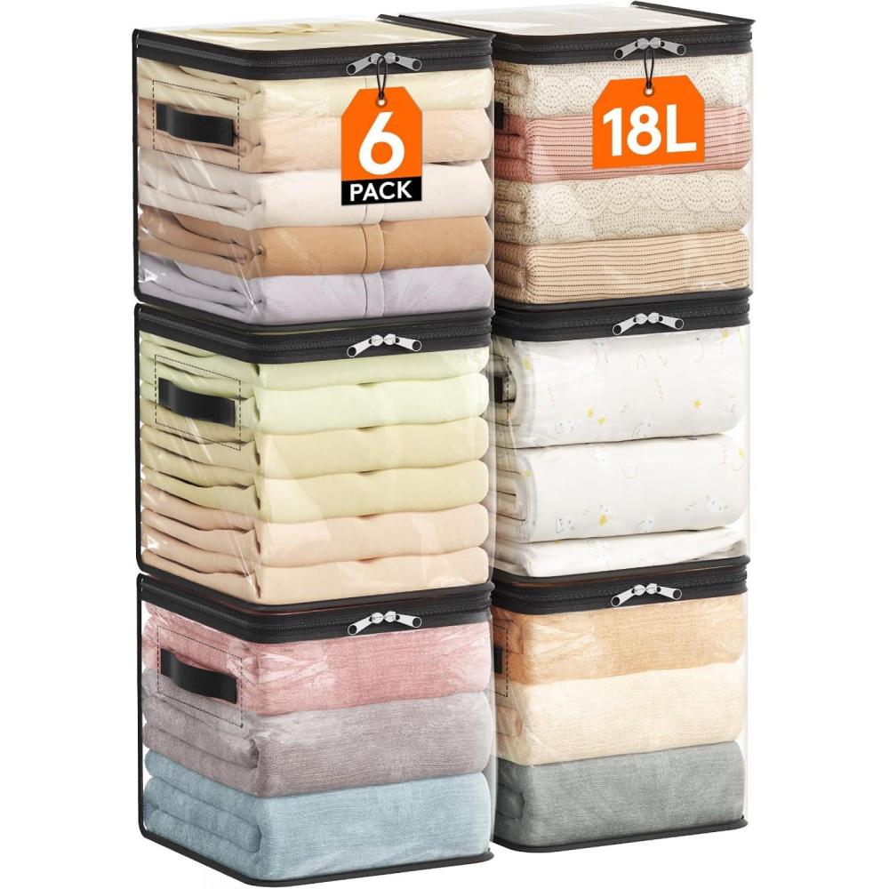 image:imageLifewit 6 Pack Clear Clothes Storage Bags 60L Plastic Blanket Vinyl Foldable Moving Bags with Zipper Closet Organizers and Storage Containers for Bedding Duvet Pillow6