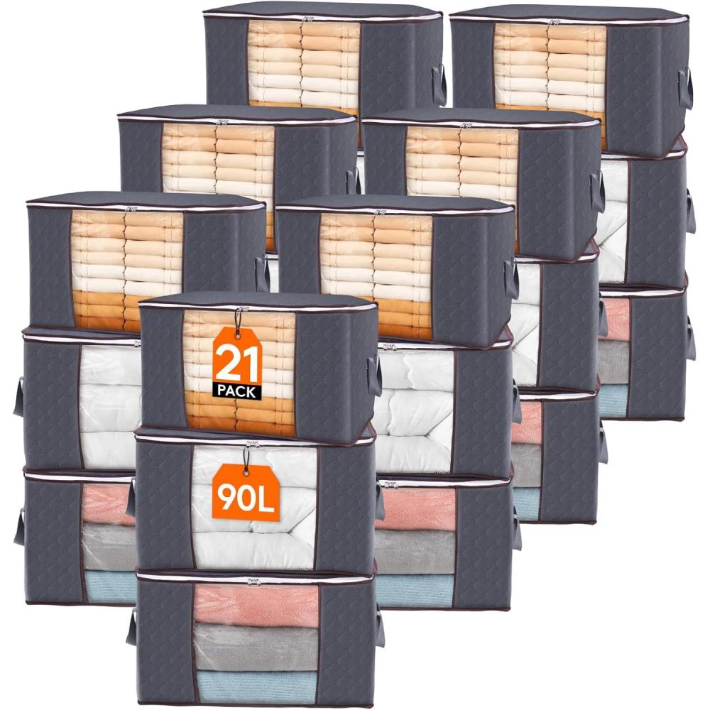 image:imageLifewit 6 Pack Clothes Storage Bag Foldable Storage Bin Closet Organizer with Reinforced Handle Sturdy Fabric Blanket Storage with Clear Window Storage Containers for Clothing Bedding Gray21