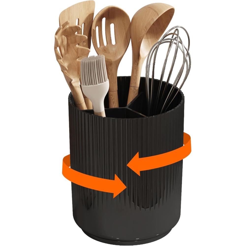 image:imageLifewit 75 Plastic Utensil Holder for Kitchen Counter Cooking Silverware Caddy with NonSlip Rotating Base 3 Compartment Spoon Spatula Cutlery Flatware Organizer with Dry Draining White 1 PackBlack