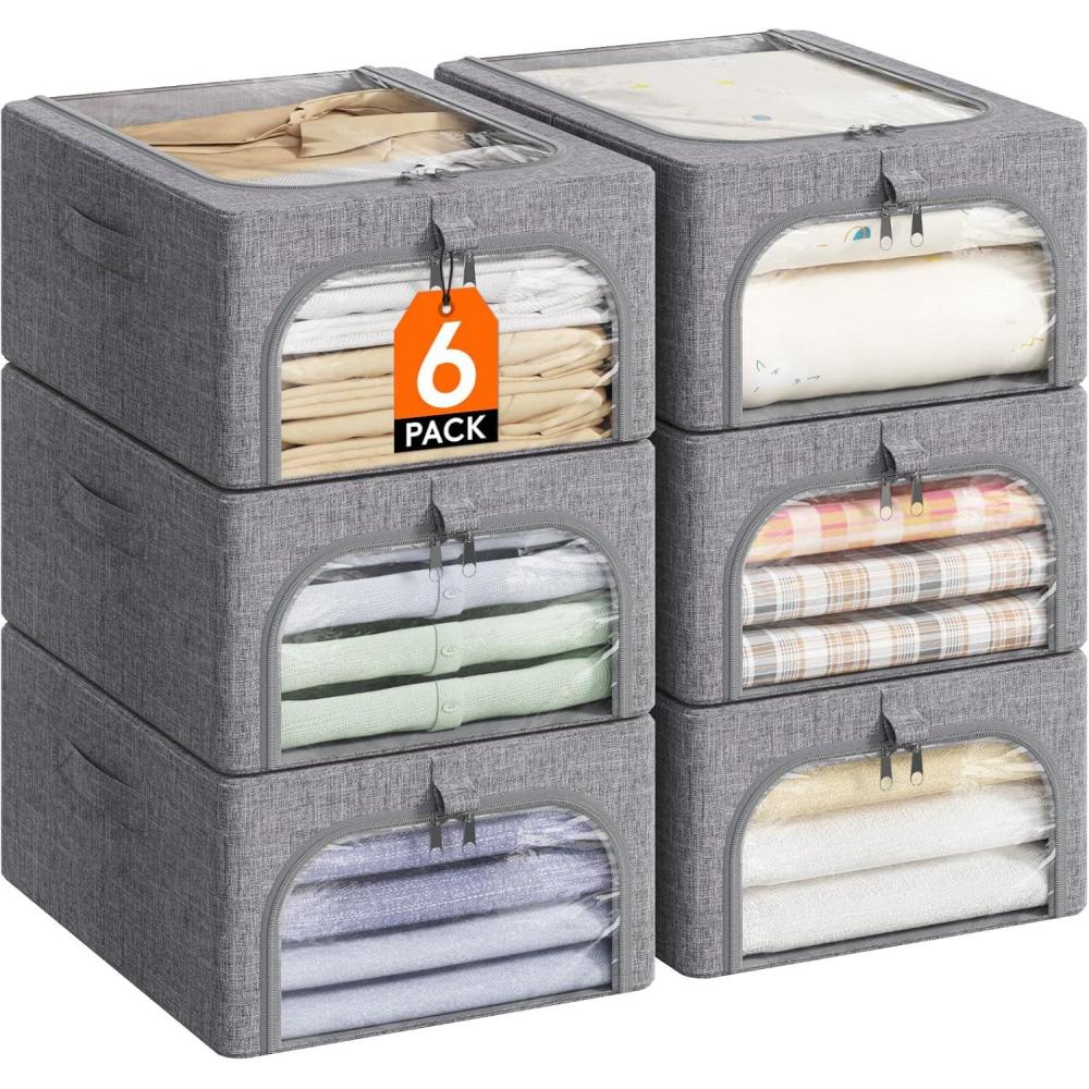 image:imageLifewit Clothes Storage Bins with Metal Frame 6 Pack Fabric Stackable Storage Bags with Lids Zipper Foldable Clost Organizers Containers for Clothing Blanket Winter Cloth 40L6