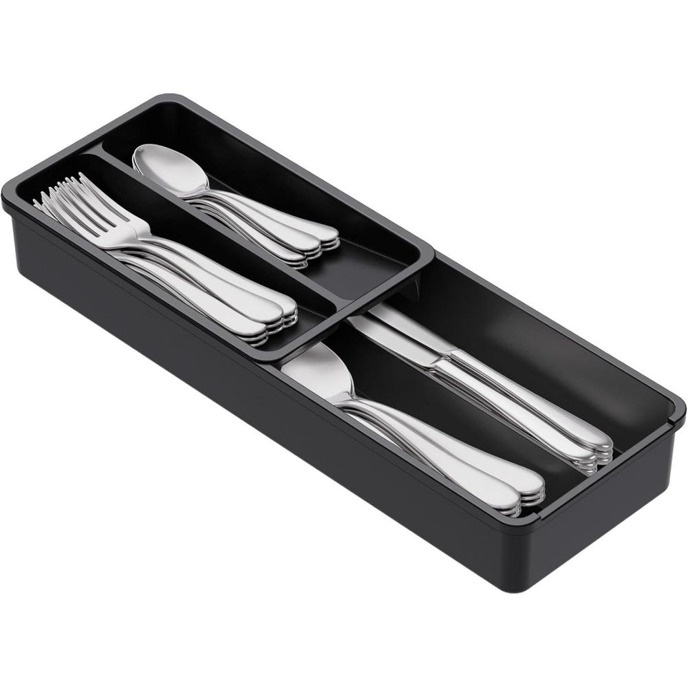 image:imageLifewit Compact Silverware Organizer for Kitchen Drawer Narrow Flatware Tray Holder Plastic Cutlery Spoons Forks and Knives Storage WhiteampGray 1 PackBlack