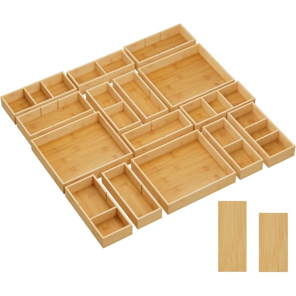 image:imageLifewit Drawer Organizer 15 Pack33 Grid with 18 Inserts Wooden Adjustable Desk Drawer Divider Trays Storage Bins for Makeup Kitchen Utensils Vanity Accessories in OfficeBathroomBedroom15