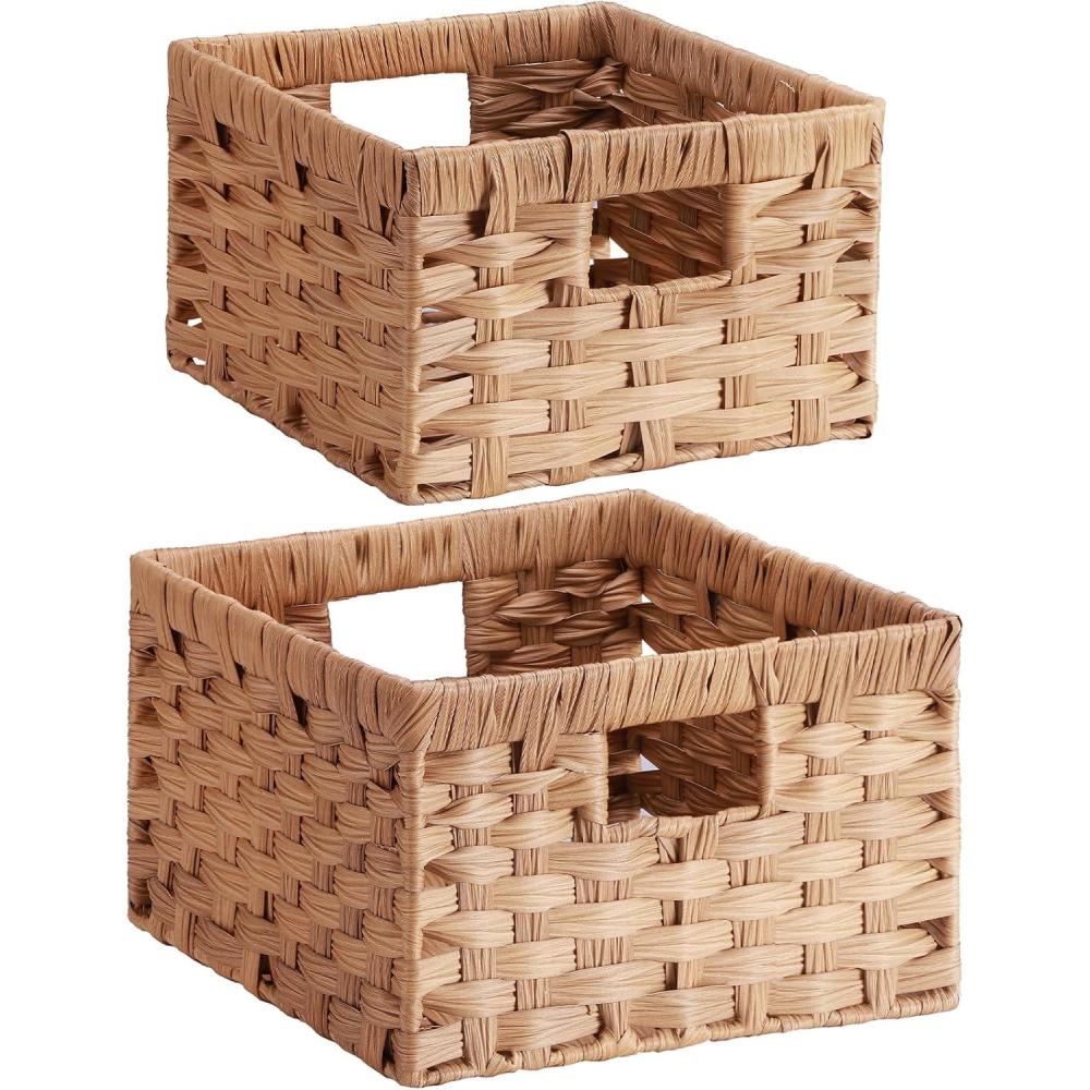 image:imageLifewit Handwoven PP Wicker Storage Basket Waterproof Imitation Rattan Basket with Builtin Handles Rectangle Baskets for Organizing Shelves Pantry Burlywood 2Pack LargeMediumBurlywood