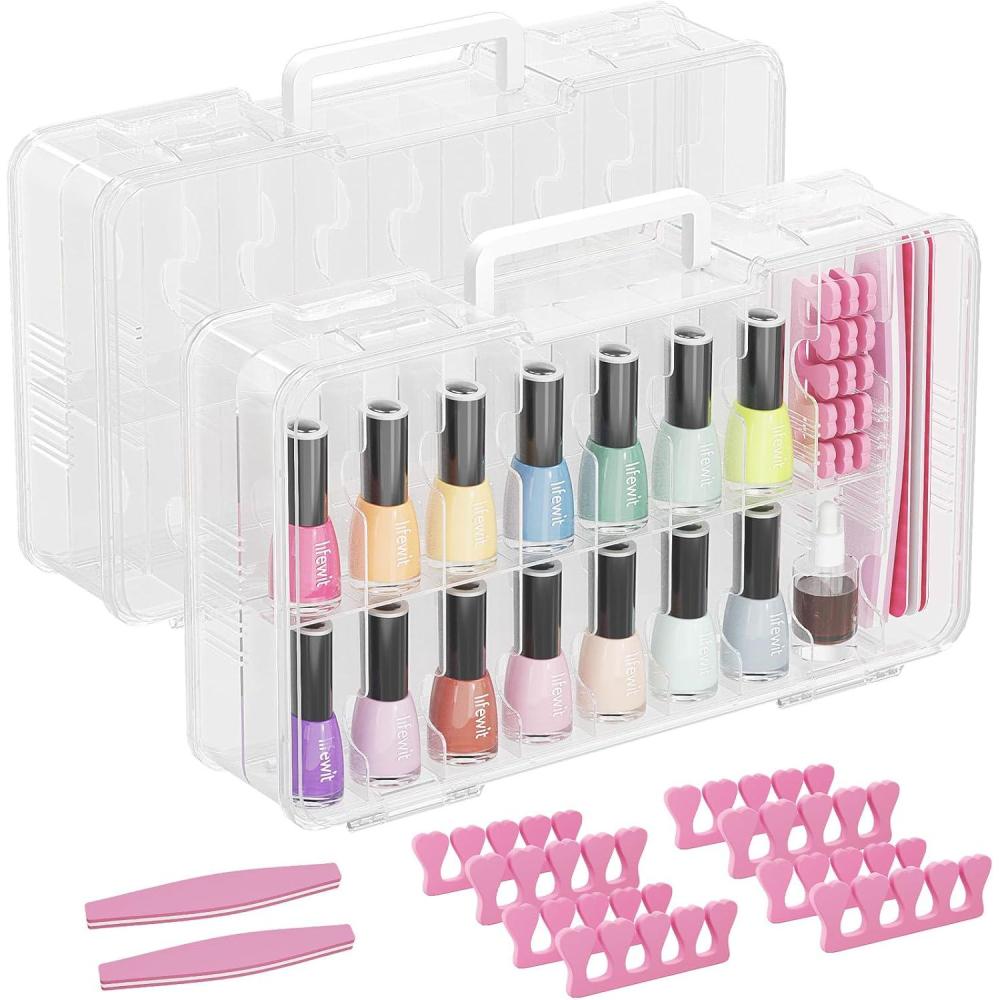 image:imageLifewit Nail Polish Organizer Case for 36 Bottles with 8 Adjustable Sections Portable Sturdy Gel Nail Polish Storage Holder with 4 Nail Separators Space Saver for Display Travel 2 Pack Clear2