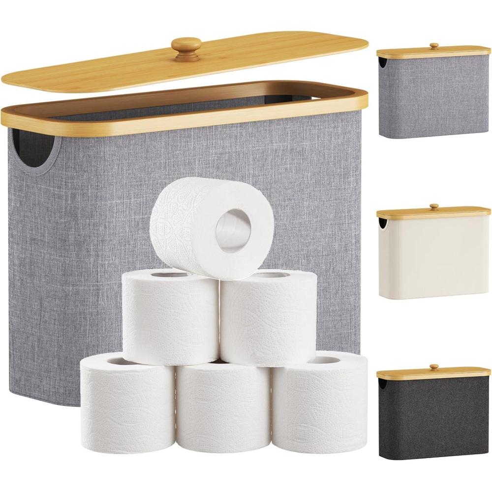 image:imageLifewit Toilet Paper Storage Holder for 12 to 16 Rolls Free Standing Toilet Paper Basket Stand with Bamboo Lid Collapsible Fabric Bathroom Organizer Box for Mega Rolls 30L Extra Large WhiteGray