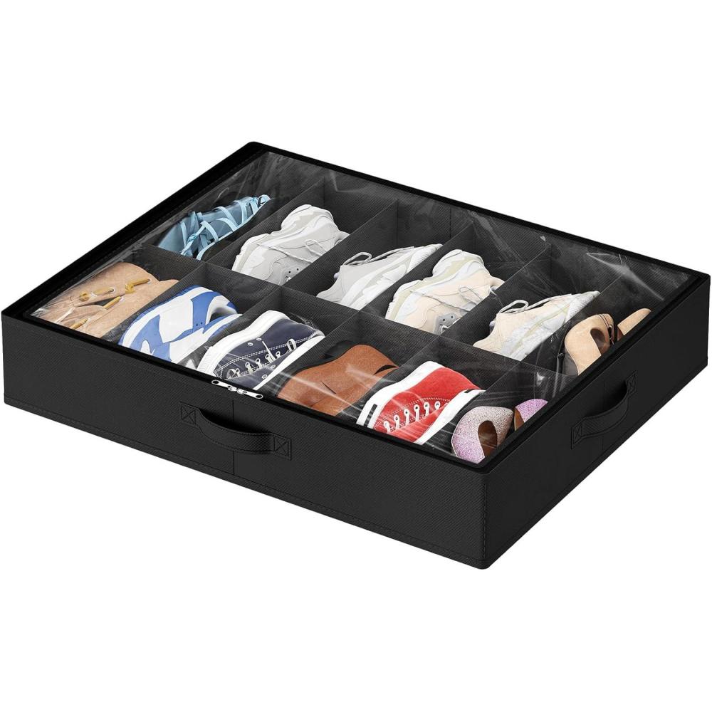 image:imageLifewit Under Bed Shoe Storage Organizer Set of 2 43 Inches Tall Low Profile Fabric Shoes Container Box with Clear Cover Foldable Storage Bag with 2 Handles Total Fits 24 Pairs of Shoes GreyBlack