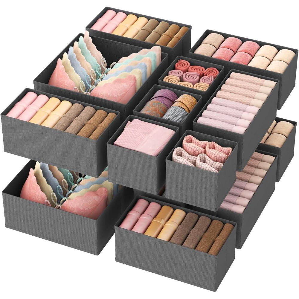image:imageLifewit Underwear Drawer Organizer for Closet 12 Pack 3 Sizes Dresser Organizer Dividers Deep Fabric Foldable Drawer Storage Organizer Bins for Clothes Sock Bra Lingerie UndiesGray