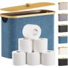 Lifewit Toilet Paper Storage Holder for 12 to 16 Rolls, Free Standing Toilet Paper Basket Stand with Bamboo Lid, Collapsible Fabric Bathroom Organizer Box for Mega Rolls, 30L, Extra Large, White(Dark Blue)