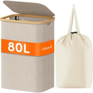 Lifewit 100L Laundry Basket with Lid, Clothes Hampers for Laundry with Bamboo Handles and A Removable Bag, Large Foldable Laundry Hamper for Bedroom, Bathroom, Dorm, Laundry Room, Beige(Beige)