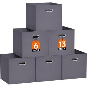 Lifewit 13 Inch Cube Storage Bins, Foldable Decorative Fabric Storage Baskets for Organizing Home Organizers with Metal Handles for Shelves, Closet, 36L Gray, 6 Packs(Gray)