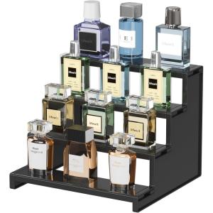 Lifewit 4 Tier Perfume Stand Organizer for Women, Plastic Display Riser, Tool-Free Assembly, Fragrance Makeup Cosmetics Shelf for Vanity Bedroom Bathroom Storage Organization, Clear, 9 Inch, 1 Pcs(Black)