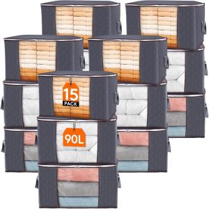 Lifewit 6 Pack Clothes Storage Bag, Foldable Storage Bin Closet Organizer with Reinforced Handle, Sturdy Fabric Blanket Storage with Clear Window, Storage Containers for Clothing, Bedding, Gray(15)