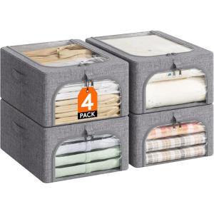 Lifewit Clothes Storage Bins with Metal Frame 6 Pack, Fabric Stackable Storage Bags with Lids, Zipper, Foldable Clost Organizers Containers for Clothing, Blanket, Winter Cloth, 40L(4)