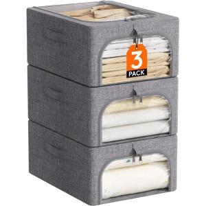 Lifewit Clothes Storage Bins with Metal Frame 6 Pack, Fabric Stackable Storage Bags with Lids, Zipper, Foldable Clost Organizers Containers for Clothing, Blanket, Winter Cloth, 40L(3)