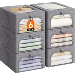Lifewit Clothes Storage Bins with Metal Frame 6 Pack, Fabric Stackable Storage Bags with Lids, Zipper, Foldable Clost Organizers Containers for Clothing, Blanket, Winter Cloth, 40L(6)