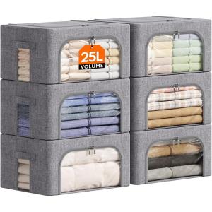 Lifewit Clothes Storage Bins with Metal Frame, Stackable Storage Box, Foldable Clothing Storage Bins with Lids, 40L Storage Bags Fabric Box Organizer with Clear Window＆ Zippers＆ Sturdy Handles 4 Pack(6)