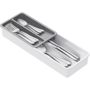 Lifewit Compact Silverware Organizer for Kitchen Drawer, Narrow Flatware Tray Holder, Plastic Cutlery Spoons, Forks and Knives Storage, White&Gray, 1 Pack(Gray&White)