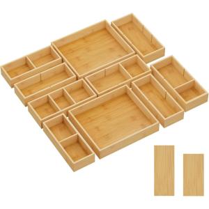 Lifewit Drawer Organizer 15 Pack(33 Grid) with 18 Inserts, Wooden Adjustable Desk Drawer Divider Trays, Storage Bins for Makeup, Kitchen Utensils, Vanity Accessories in Office/Bathroom/Bedroom(10)