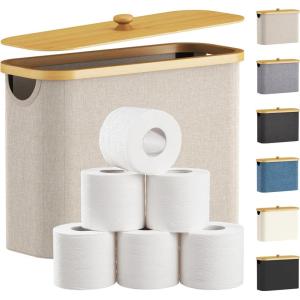 Lifewit Toilet Paper Storage Holder for 12 to 16 Rolls, Free Standing Toilet Paper Basket Stand with Bamboo Lid, Collapsible Fabric Bathroom Organizer Box for Mega Rolls, 30L, Extra Large, White(Beige)