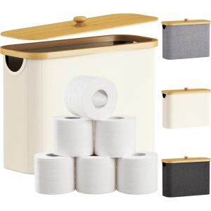 Lifewit Toilet Paper Storage Holder for 12 to 16 Rolls, Free Standing Toilet Paper Basket Stand with Bamboo Lid, Collapsible Fabric Bathroom Organizer Box for Mega Rolls, 30L, Extra Large, White(White)