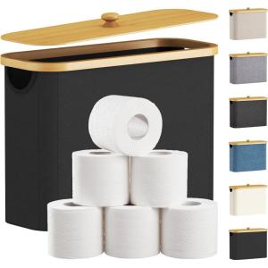 Lifewit Toilet Paper Storage Holder for 12 to 16 Rolls, Free Standing Toilet Paper Basket Stand with Bamboo Lid, Collapsible Fabric Bathroom Organizer Box for Mega Rolls, 30L, Extra Large, White(Black)