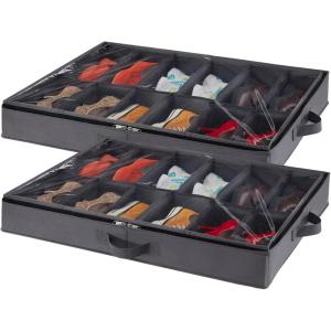 Lifewit Under Bed Shoe Storage Organizer Set of 2, 4.3 Inches Tall Low Profile Fabric Shoes Container Box with Clear Cover, Foldable Storage Bag with 2 Handles, Total Fits 24 Pairs of Shoes, Grey(Gray)