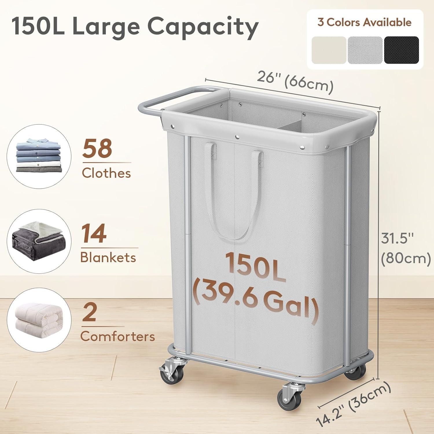 image:imageLifewit 150L Large Laundry Basket with Wheels Tall 2 Section Laundry Hamper Organizer Rolling Laundry Cart with Steel Frame amp Removable Bag for Luandry Room Bathroom Bedroom WhiteSilver Gray